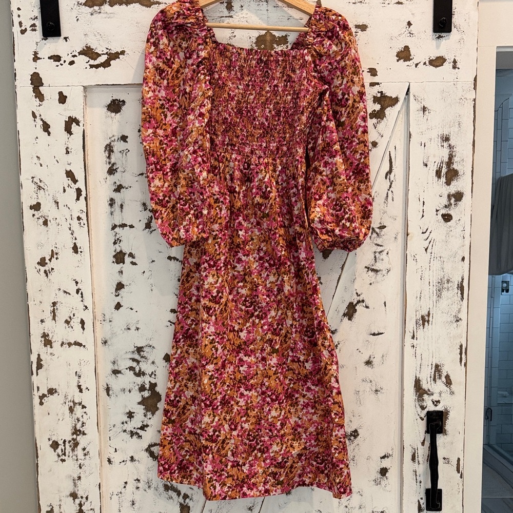 J. Crew Pink and Brown Smocked Dress